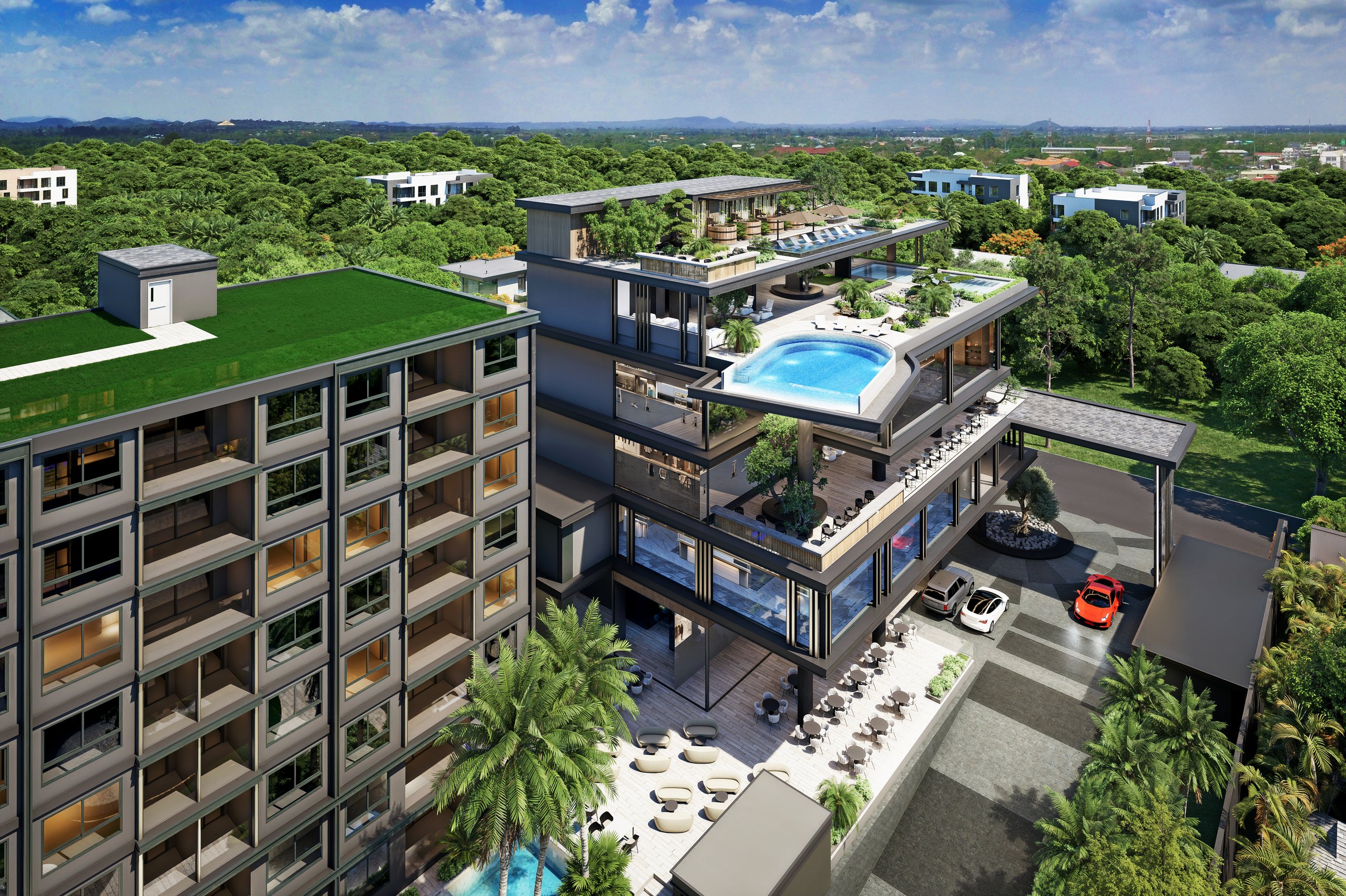 Aerial view of the Zenith 2 resort plot with lagoon pools and green roofs
