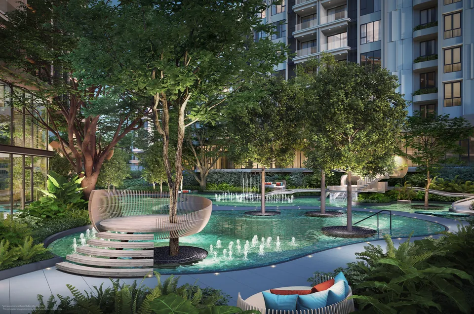 Mangrove lagoon courtyard lit at night