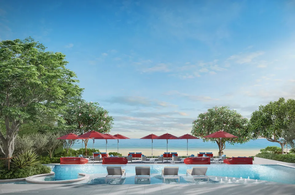 Sunbeds beside the beach pool