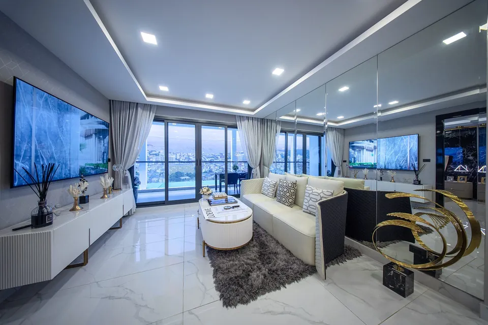 2-bedroom 94 m² show unit living area with city view