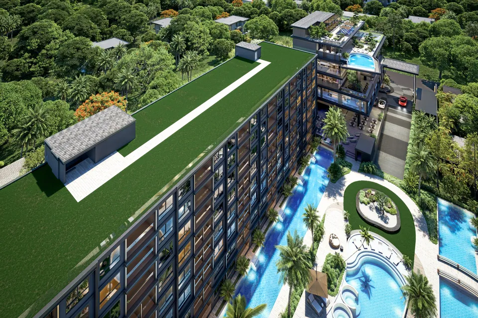 Aerial view of rooftop pools and lawn