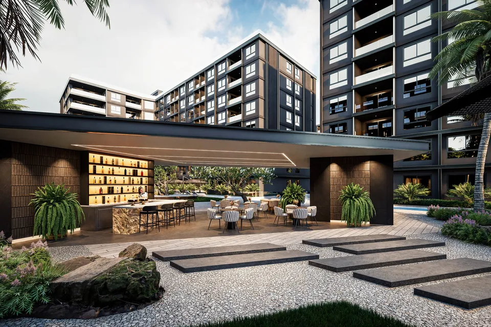 Outdoor bar and lounge at the amenity building