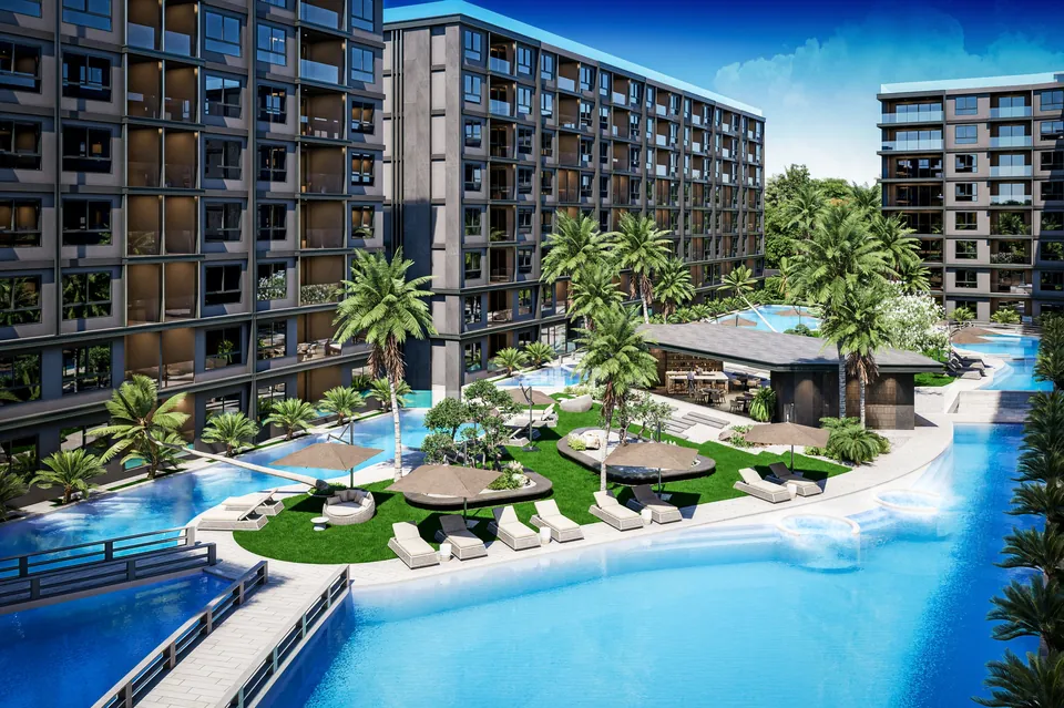 Beach-entry pool around the low-rise blocks