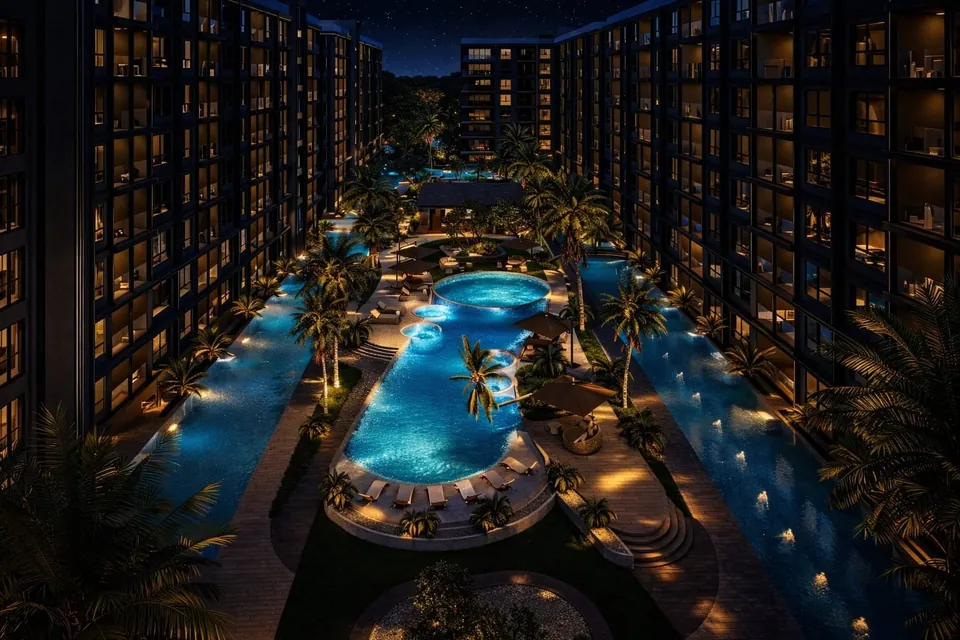 Lagoon courtyard at night between the buildings
