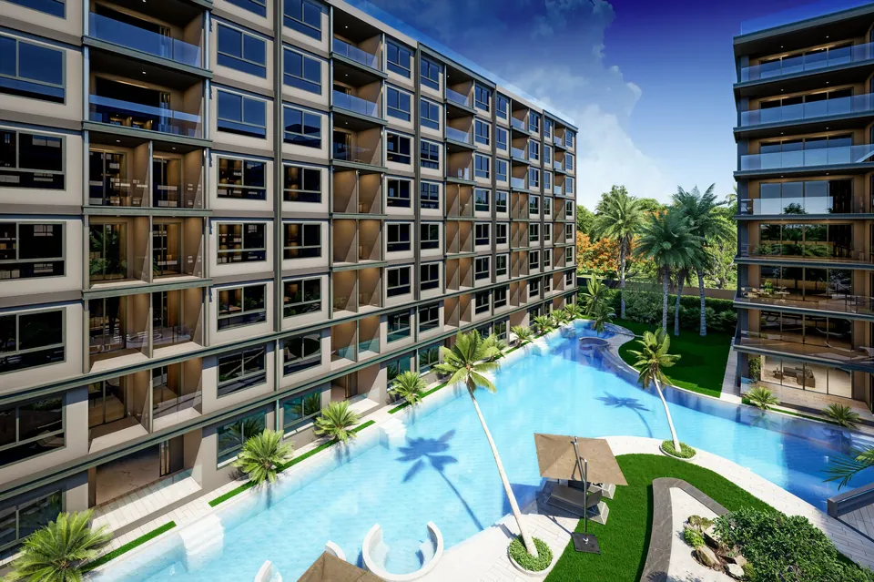 Towers flanking the main lagoon pool with cabanas