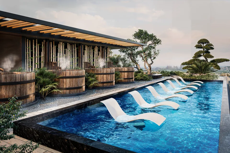 Wellness spa deck with barrel hot tubs and in-water loungers
